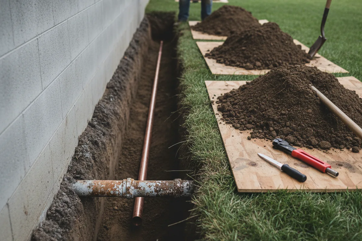 Excavated water line trench during Sewer Line Repair in Glade Hill